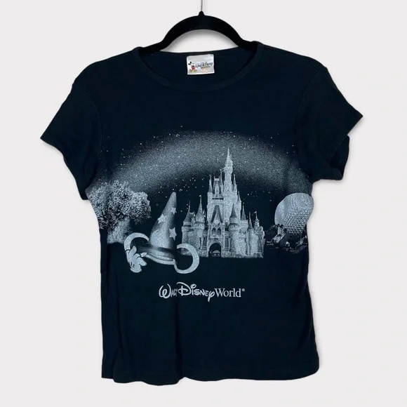 Walt Disney World Park Baby Tee Shirt XL Castle Glitter Sparkle Y2K Black - Picture 1 of 4